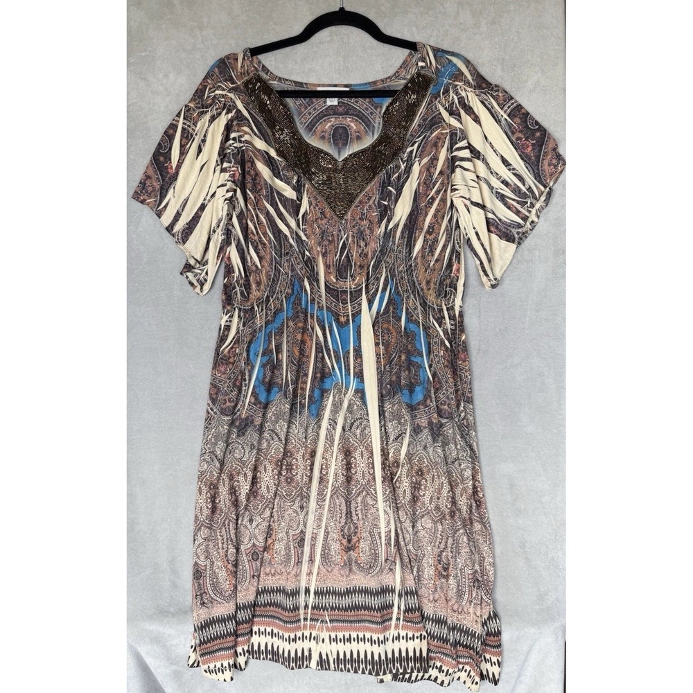 Boston Proper Cream, Brown & Blue Paisley Beaded V-Neck Midi Dress